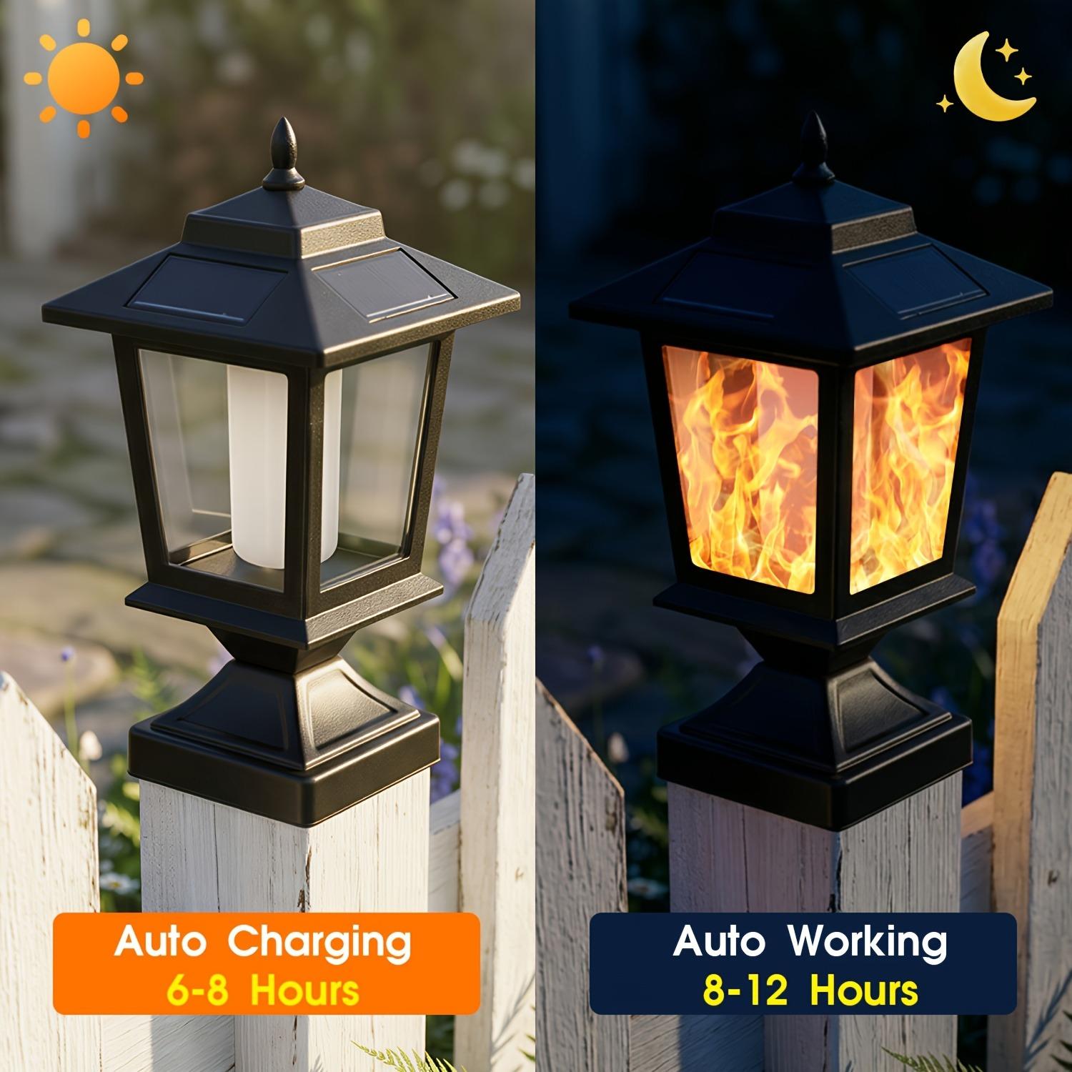 Hoodink Solar Flame Post Lights Outdoor, Solar Powered Lamps Fence Post Cap Lights, Flickering Flame LED Lantern Decorative IP44 for Garden Deck Patio Railing Dock Fence Stairs Decor, Fit 4x4, 5x5 Or 6x6 Wooden Posts