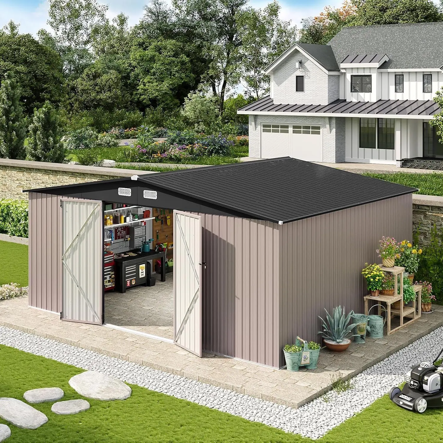 Aoxun Heavy Duty Galvanized Metal Outdoor Storage Shed - 10x12ft, Multi-Sizes, Black & Brown, Multi-Material, Included Base, Lockable Door, Sloped Roof, Water Resistant, Ample Spaciousness, Durable Storage for Fishing, Grilling, Poolside, Engineered Desig