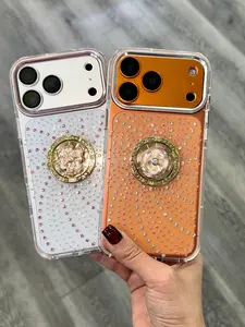 17 Series Bling Case with Gold Flower Design and Clear Polka Dots for Stylish Protection with Kick stand