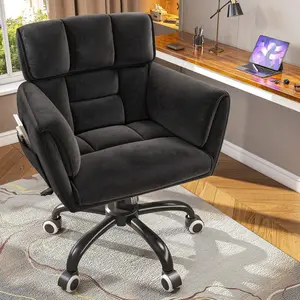 Home Office Chair With Wheels & Side Pockets Vanity Chair Adjustable Height Soft Upholstered Modern Desk Chair With Backrest & Arm For Bedroom, Black