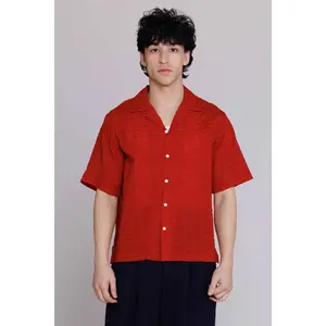 “Arnaz” Resort Shirt in Cherry Red Large Seersucker