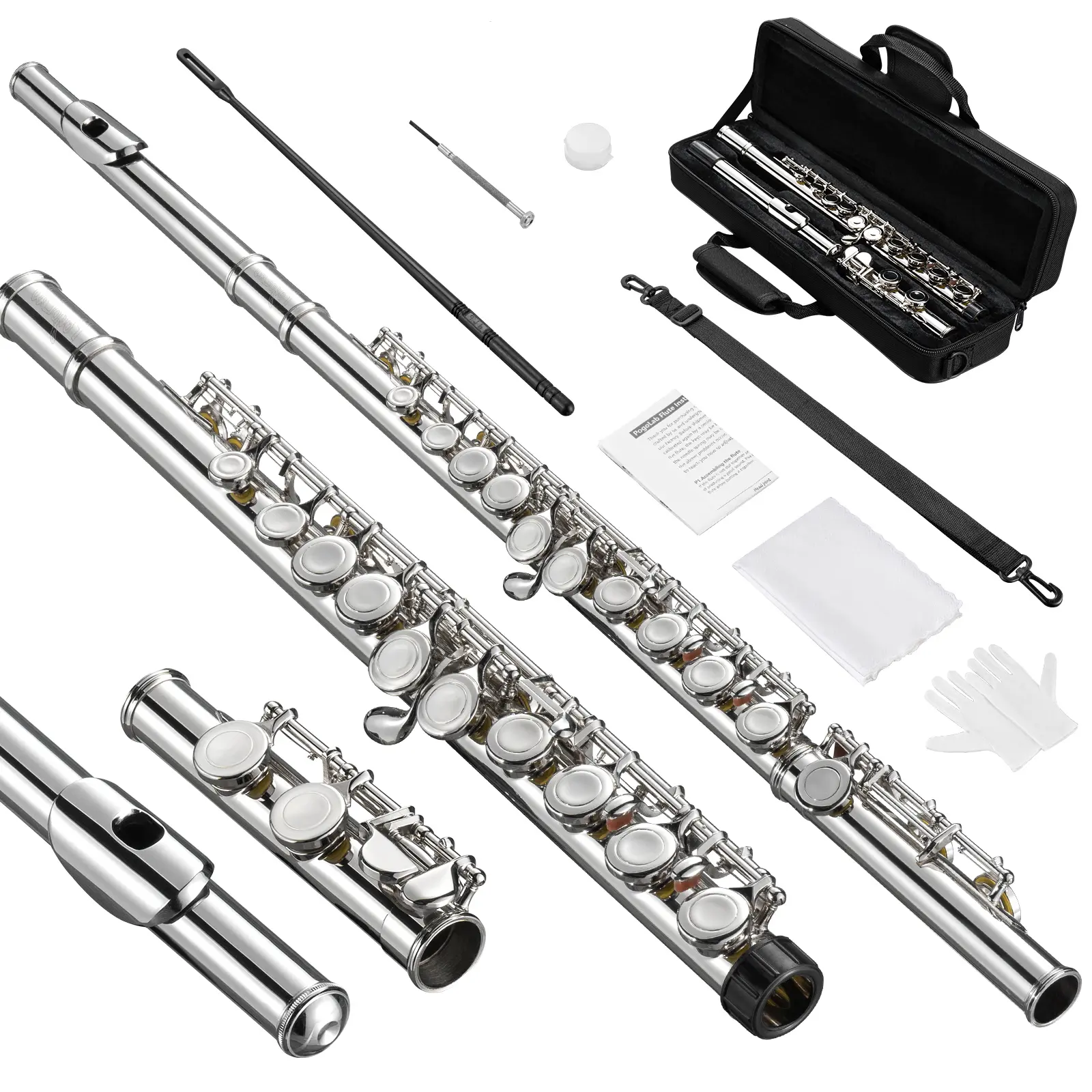 POGOLAB Durable Steel Closed Hole C 16-Keys Modern Flute Instrument for Beginner Students, Portable with Carry Bag, Strap, Probe Rod, Gloves, Grease, Adjustable Screwdriver, Cleaning Kit (Back to School)