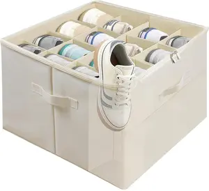 Back to School Shoe Organizer for Closet, Foldable Fabric Shoe Storage Boxes with Clear Cover & Adjustable Dividers, Large Stackable Space Saving Storage Bins for Sneakers, Dorm Room Essentials