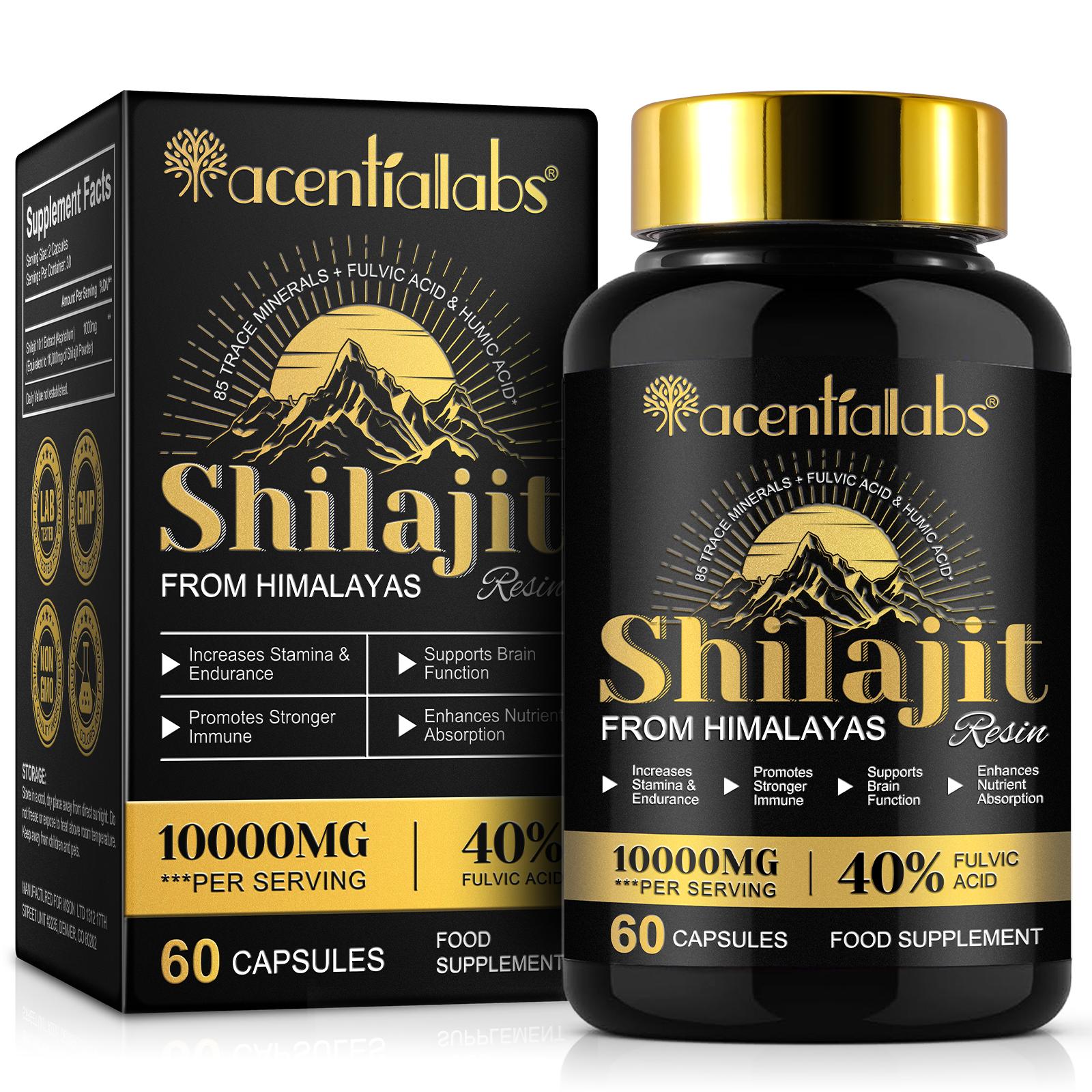 ACENTIALLABS Shilajit Capsules 10000 MG - 60 Capsules | Pure Himalayas Shilajit Capsules for Men & Women | Shilajit Resin Supplement | Three Month Supply! | 40%Folvic Acld Non-GMO, Gluten-Free