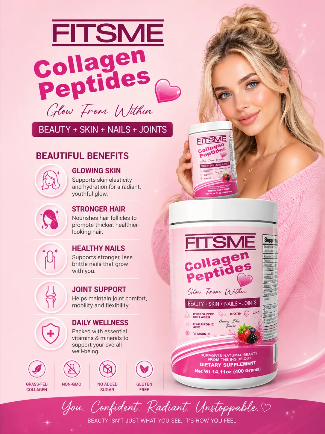 Fitsme Collagen Peptides Dietary Powder Supplement, Berry Bliss Flavor, Skin Care & Brain Health Support for Adults with Vitamins, Zinc, Anti-Oxidants & Luminous Inner Glow