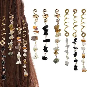 FRDTLUTHW Hair Jewelry Dreadlock Accessories, Natura Stone Hair Charms for Braids, Hair Ring Crystal Hair Accessories for Women(Black, pack of 6)