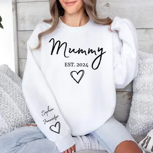 Personalized Mummy Est 2024 Sweatshirt with Kids Names on Sleeve | Custom Mama Crewneck Jumper | Personalized Mother’s Day Gift for New Mom | Gildan Soft Cotton Custom Name Sweater