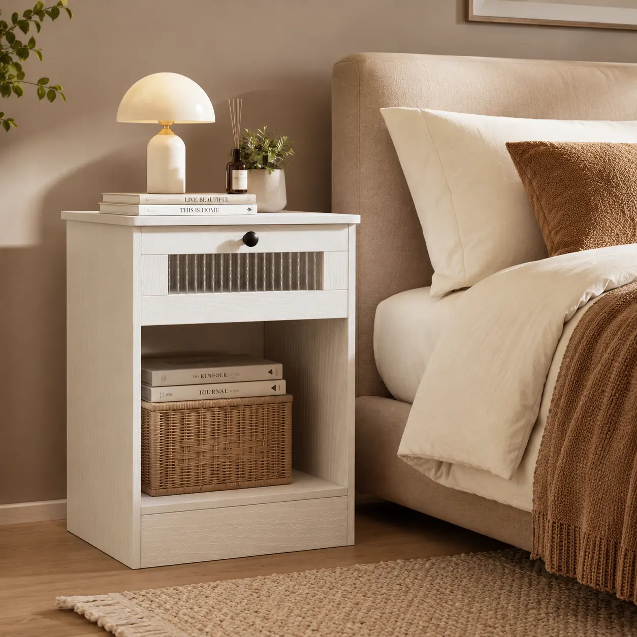 Modern Nightstand with Fluted Glass Drawer, End Table with Open Storage Shelf, Small Bedside Table for Bedroom, Living Room & Office