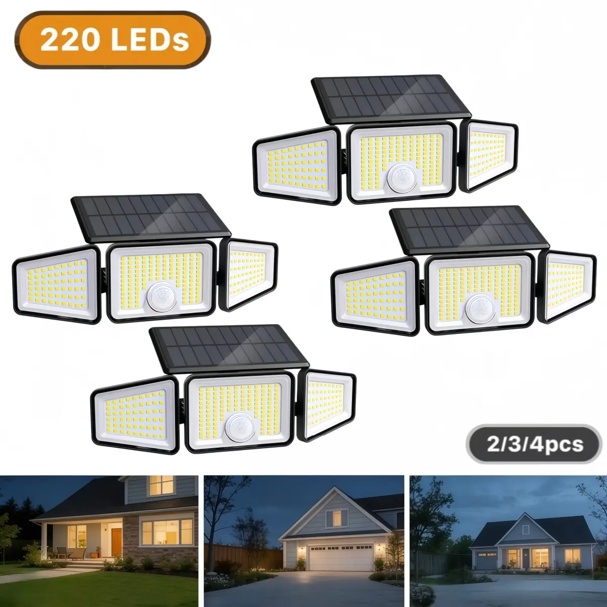 2-Pack 3-Head Solar Outdoor LED Security Lights, 2500LM Motion Sensor Spotlights, 270° Wide-Angle, IP65 Waterproof for Garage, LED Solar Outdoor Fixtures, Led Lights, Solar Outdoor Lights