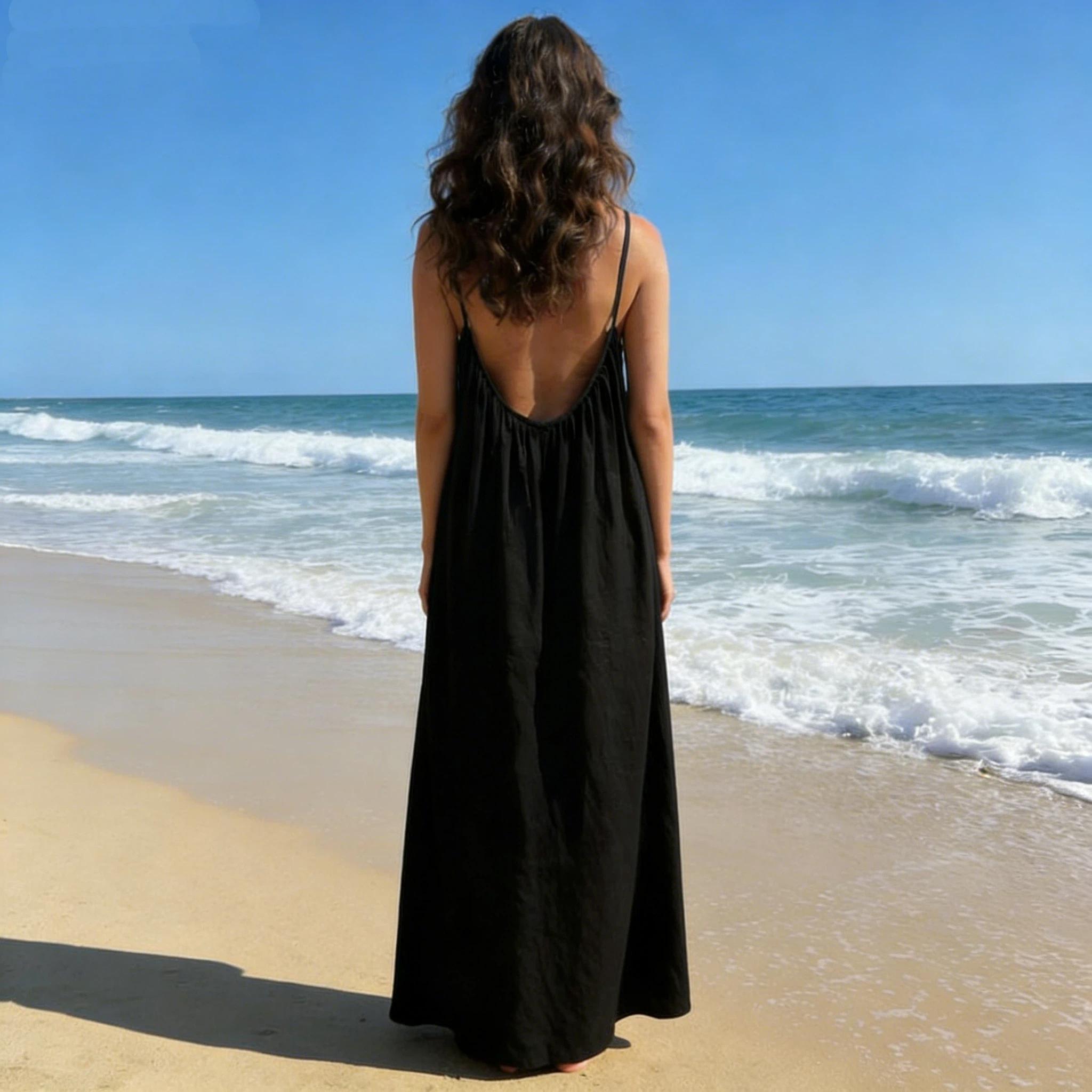 New Women'S Camisole Backless Loose Long Home Wear Dress | Beach Skirt Swimsuit, V-neck, Medium Stretch Fabric, Straight Hem, Elegant Style for Spring/Summer