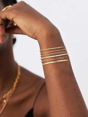 Waterproof Women's Bracelet Set - Trendy Dainty Jewelry Fashion Stackable Tennis Beaded Figaro Herringbone Paperclip Link Bracelet Pack