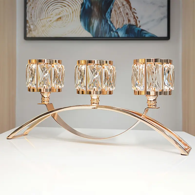 Three-armed crystal bowl tea light holder/candle stand; wedding table decoration; crystal candle holder; center table decor (gold)