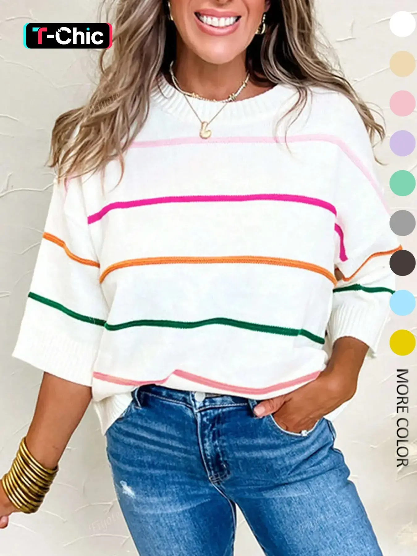 Women's Striped Print Sweater Tops, Casual Drop Shoulder Short Sleeve Round Neck Jumper for Daily Wear, Ladies Knitwear for Spring & Fall