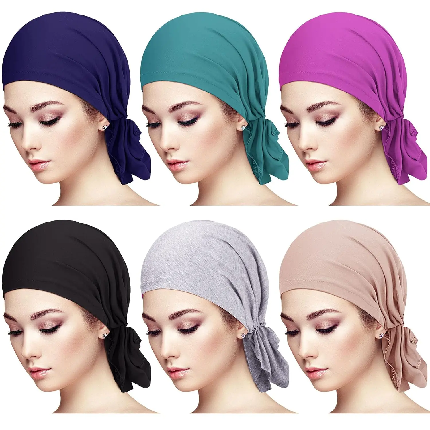 Women's 6PCS Cotton-Modal Elastic Band Headscarf Caps, Polyester Full Coverage Casual Muslim Hijab Bonnet, Hair Protection Turban Hat (1 Size) for Home Improvement Use, One Size