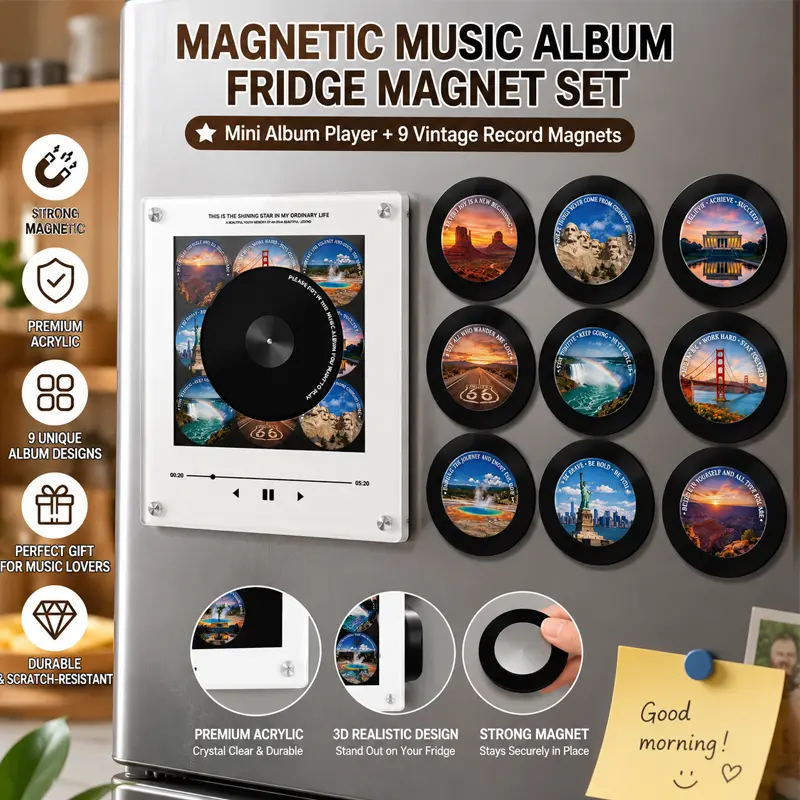 Magnetic Vinyl Speaker Fridge Magnet with Swappable Discs - Acrylic Record Players Box, Christmas Metal Kitchen Decor, Valentine's Day Refrigerator Wall Accessory Gift, Home Decor