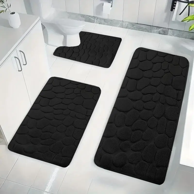 Black Bathroom 3-Piece Accessory Set - Non-Slip Soft Absorbent Bath Rug, Vanity Bathmat, Tub Shower Mat - Easy-Care, Sleek Modern Coordinated Setup, Versatile for Home Bath Styles, Bathroom Accessory