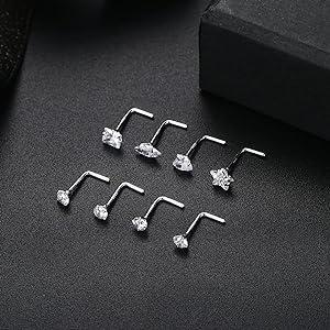 Fansilver 8 count 20G Nose Rings Studs for Women Men Star Marquise Heart Square Round Shaped CZ Nose Stud L Shape Nose Ring Body Piercing Jewelry