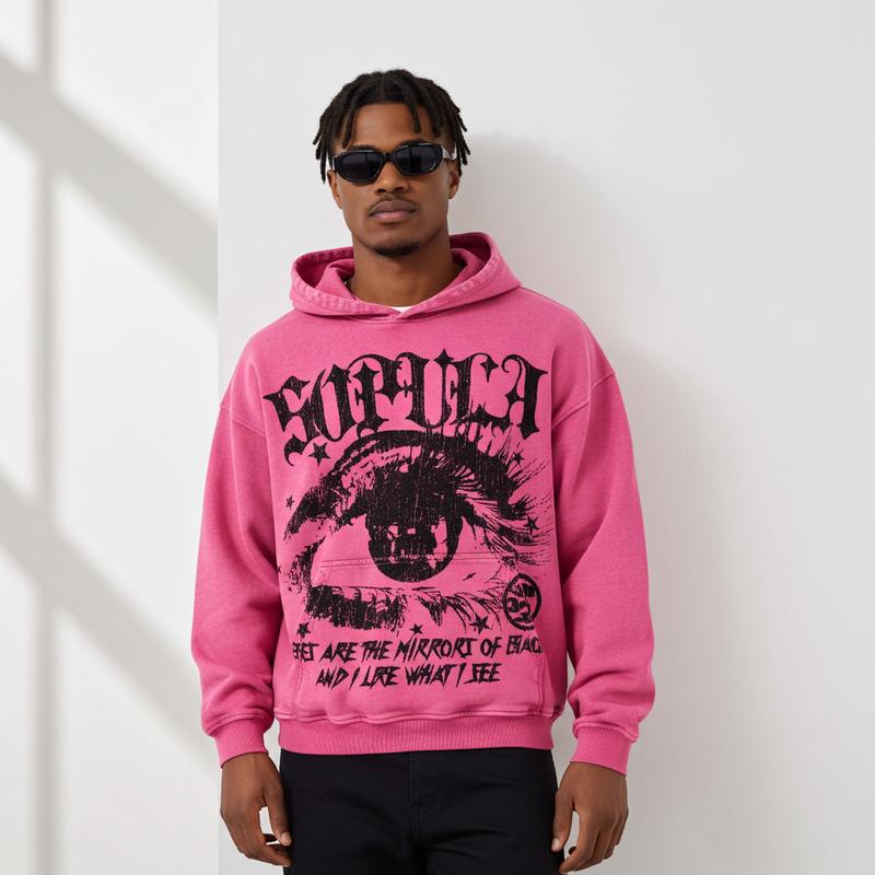 Sopula Studio Men's Star Eyes Graphic Acid Wash Hoodie Menswear Sweatshirts Pink 100% Cotton Long Sleeve Casual Pullover Tops