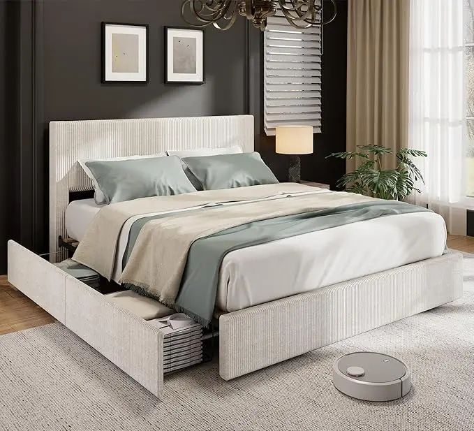 Bed Frame with Tall Tufted Wingback Headboard, Platform Velvet Upholstered Full Bed Frame with 4 Storage Drawers and Wooden Slats Support, No Box Spring Needed,