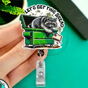 NataliaMade Funny Retractable Badge Reel- Let's Get This Bread Raccoon in Dumpster ID Badge Holder for Nurses, Retail Workers, Teachers, Servers, Dark Humor Unhinged Name Badges for Healthcare Staff