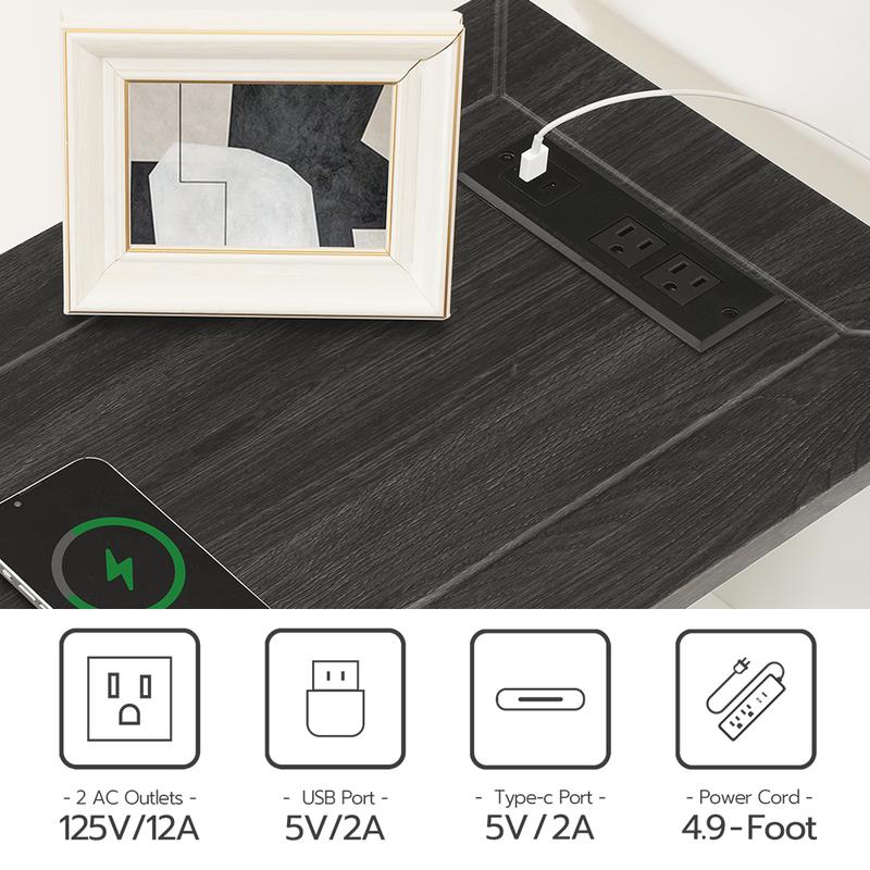 HOOBRO End Table with Charging Station, Side Table with Outlets and USB Ports, Bedside Table with Drawer and Cabinet, Nightstand with Storage, Farmhouse Style, for Living Room, Bedroom, Study, Office, White and Charcoal Gray