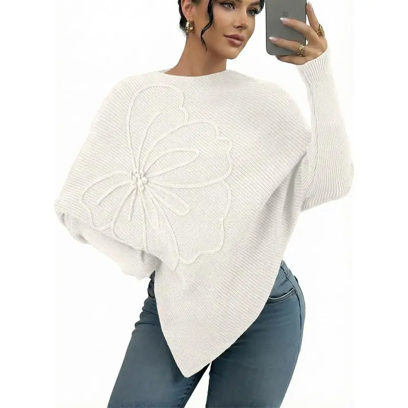 Dokotoo Women's Casual  Sweaters Elegant Floral Pattern Batwing Sleeve Asymmetrical  Crew Neck Long Sleeve Autumn Winter Hem Loose