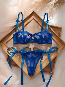 2pcs Women's Burgundy Romantic Embroidery Lace-Up Thong Lingerie Set Lace Bra Set Lace Blue Lingerie Blue Bra And Panty Set Blue Satin Lingerie Royal Blue Lingerie Set