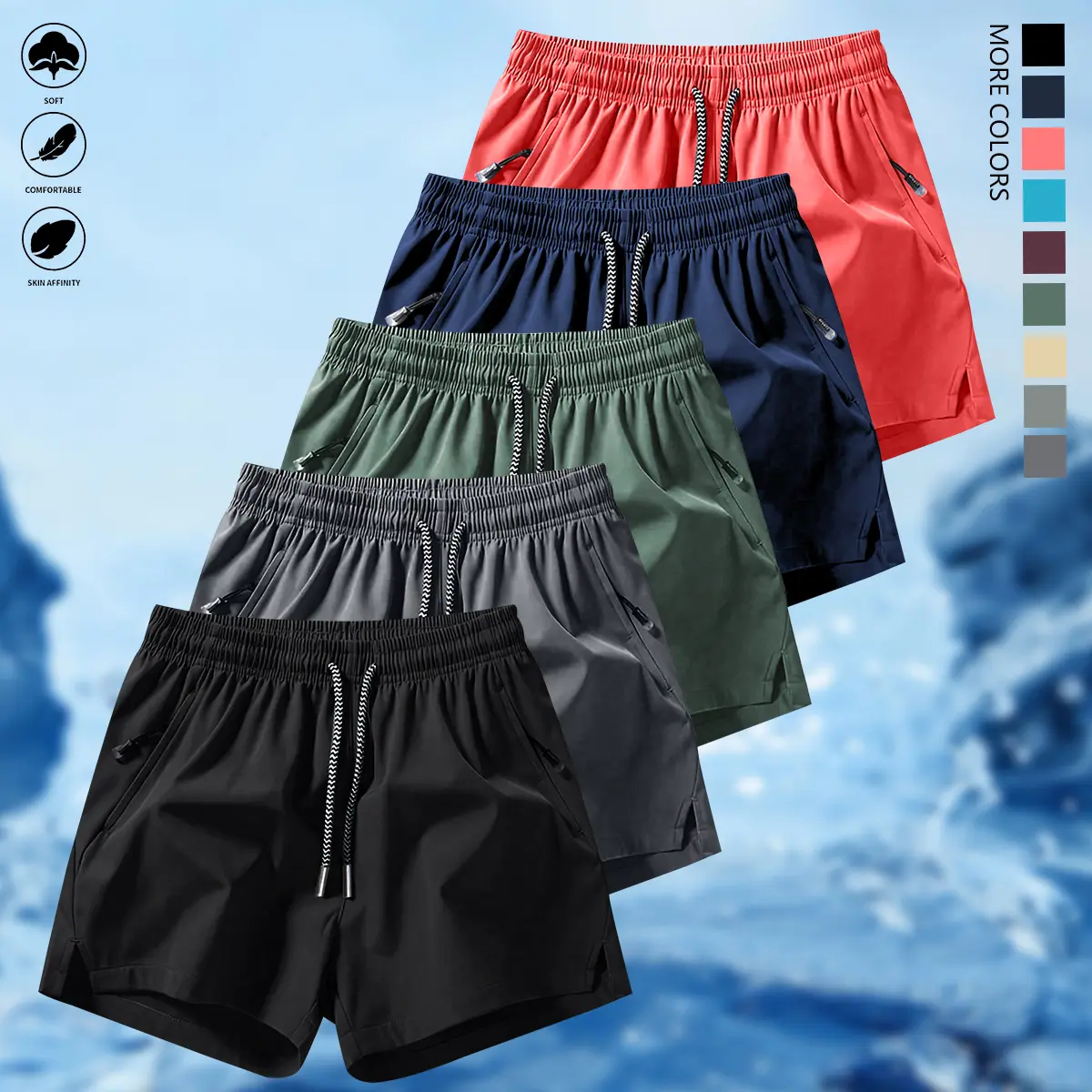 Men’s 5-Pack Quick-Dry Outdoor Sports Shorts - Athleisure Casual, Lightweight Workout Impact Shorts with Zippered Pockets, Drawstring, Elastic Waistband, Regular Fit for Fitness, Casual Wear, Athleisure Casual Shorts