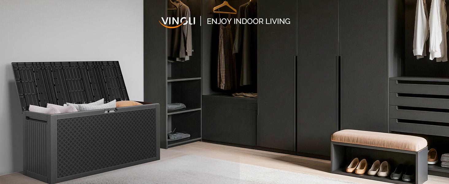 VINGLI 90 Gallon Outdoor Storage Box, Lockable Plastic Storage Containers with Lid, Patio Deck Box Furniture for Garden, Pool, Balcony, Yard