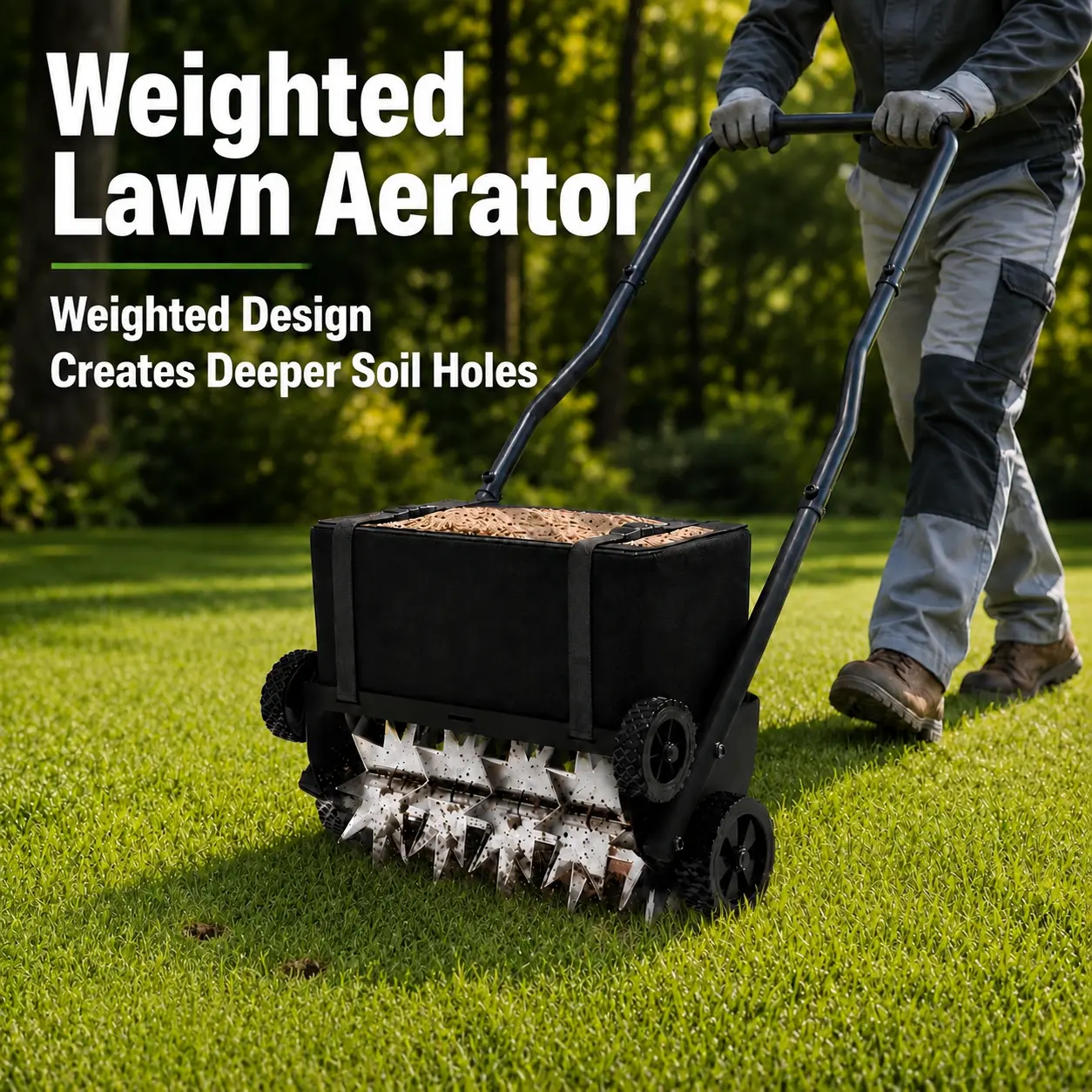 【Summer Vibes】Weighted Lawn Aerator with Fillable Sand Bag, Heavy Duty 4-Wheel Plug Aerator Tool with 43.3" Steel Handle, Rolling Spike Aerator for Loosening Compacted Soil & Creating Healthier Greener Grass sohochic