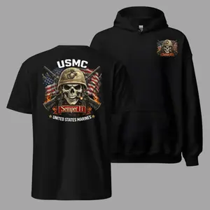 USMC United States Marines T Shirt Hoodie, 2 Sides, Semper Fi Skull Graphic Tee, Soft Cotton Blend Apparel, Patriotic Military Clothing for Men & Women, Military Pride Gift