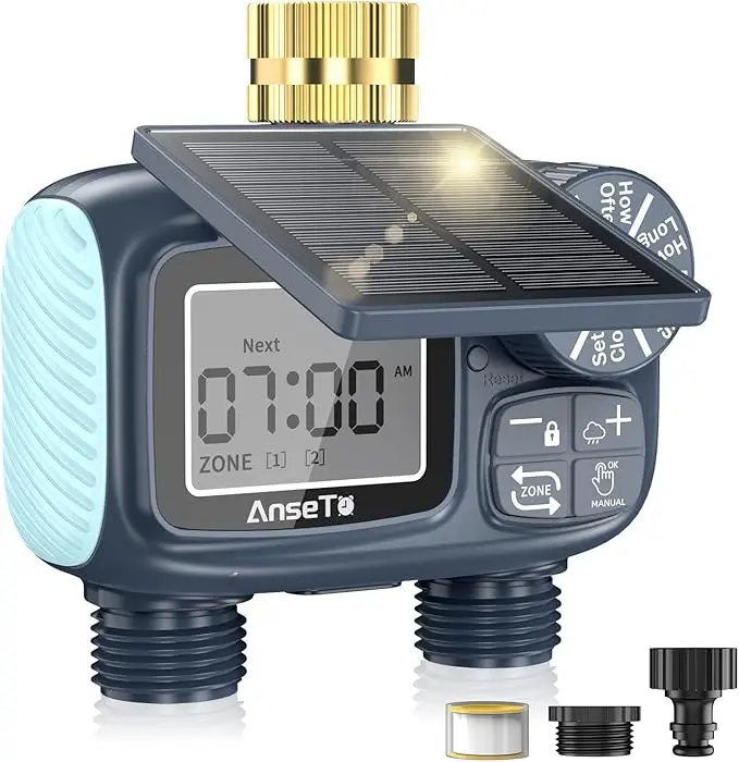 Solar Powered 2 Outlet Sprinkler Timer,Brass Inlet Programmable Garden Hose Timer with Rain Delay Auto Irrigation System,Plant Watering Devices,Garden Watering Timer#SummerWins