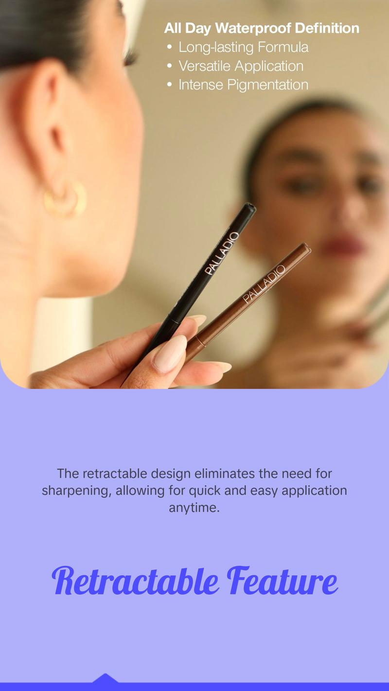 Palladio Retractable Waterproof Eyeliner, Richly Pigmented Color and Creamy, Slip Twist Up Pencil Eye Liner, Smudge Proof Long Lasting Application, All Day Wear, No Sharpener Required