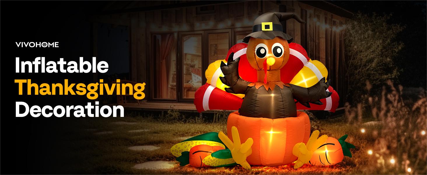 VIVOHOME Thanksgiving Inflatable Decoration LED Lighted Turkey Family Self-Inflating Easy Setup for Outdoor Lawn Garden Yard Patio Holiday Party Ornaments