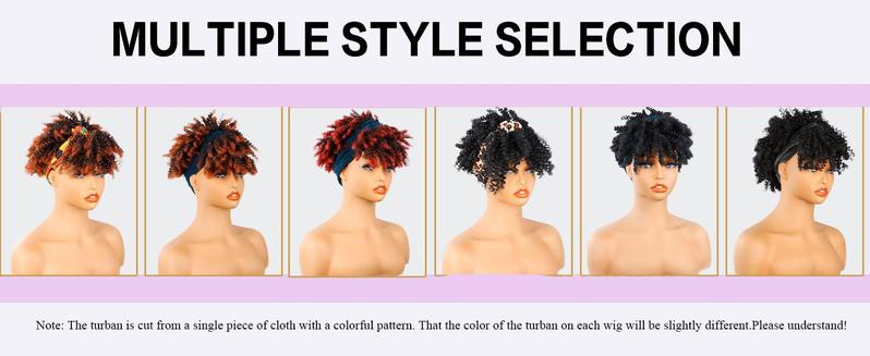 8inch Afro Kinky Curly Headband Wigs with Bangs 2 in 1 Turban Wigs with Headband Attached Premium Heat-Resistant Fibers for Women wrap strap