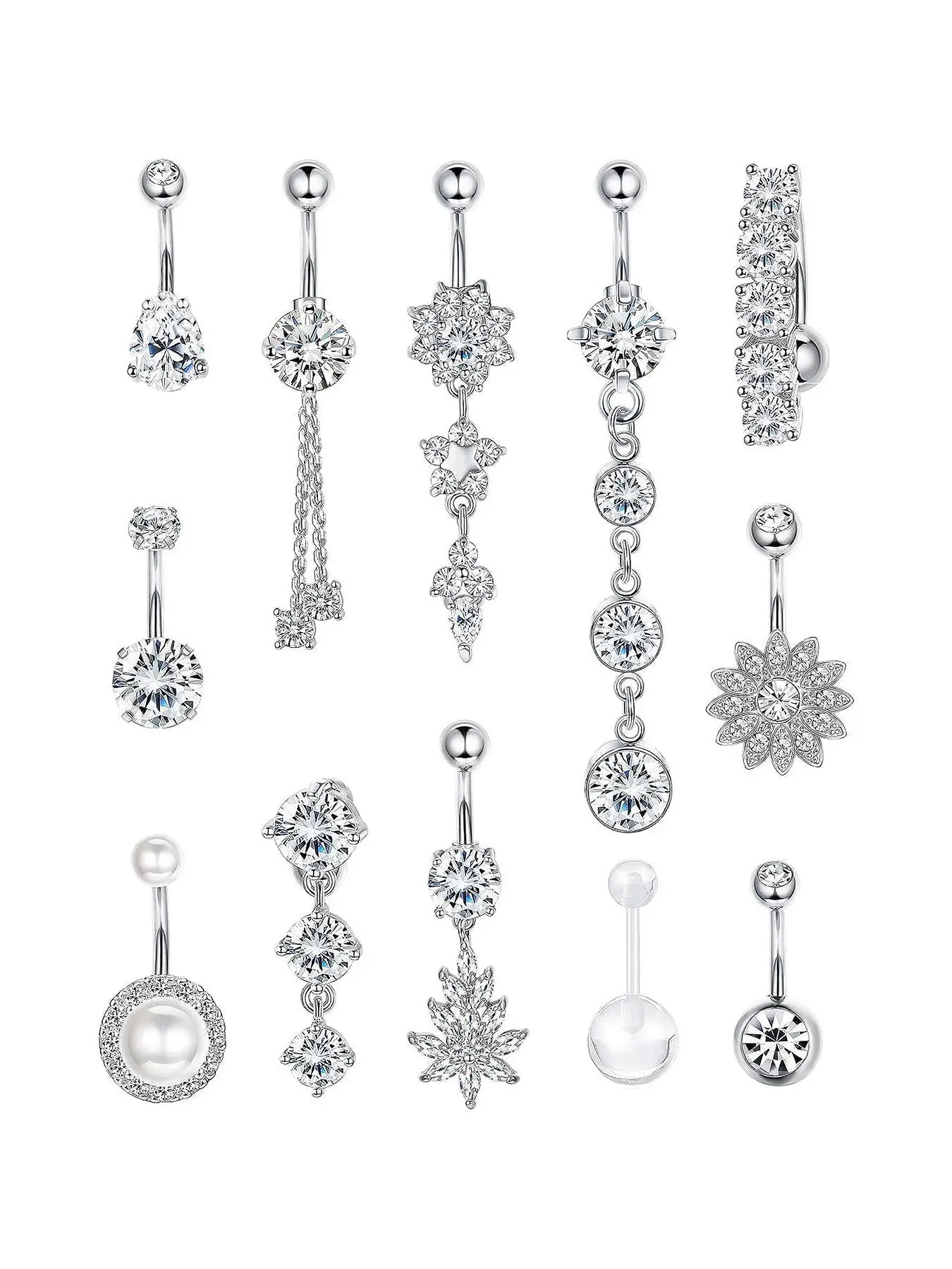 Cubic Zirconia & Flower Chain Belly Button Ring, Rhinestone Navel Piercing Jewelry for Women, Hinged Piercing Hoop, Cute Accessory for Crop Tops, Back-to-School and Fall Outfits, Body Piercing Jewelry, Belly Hoops, Belly Rings