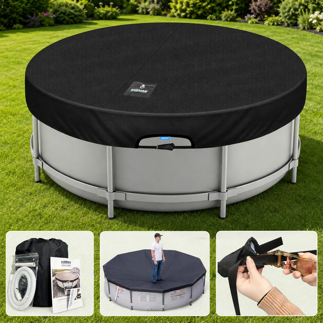 SIHAIAN Round Pool Cover, with Automatic Drain Stock Tank Pool Cover, Patented One-Piece Tensioning System Above Ground Pool Cover, Preventing Waterlogging, Yarn-Dyed Oxford Fabric Solar Cover
