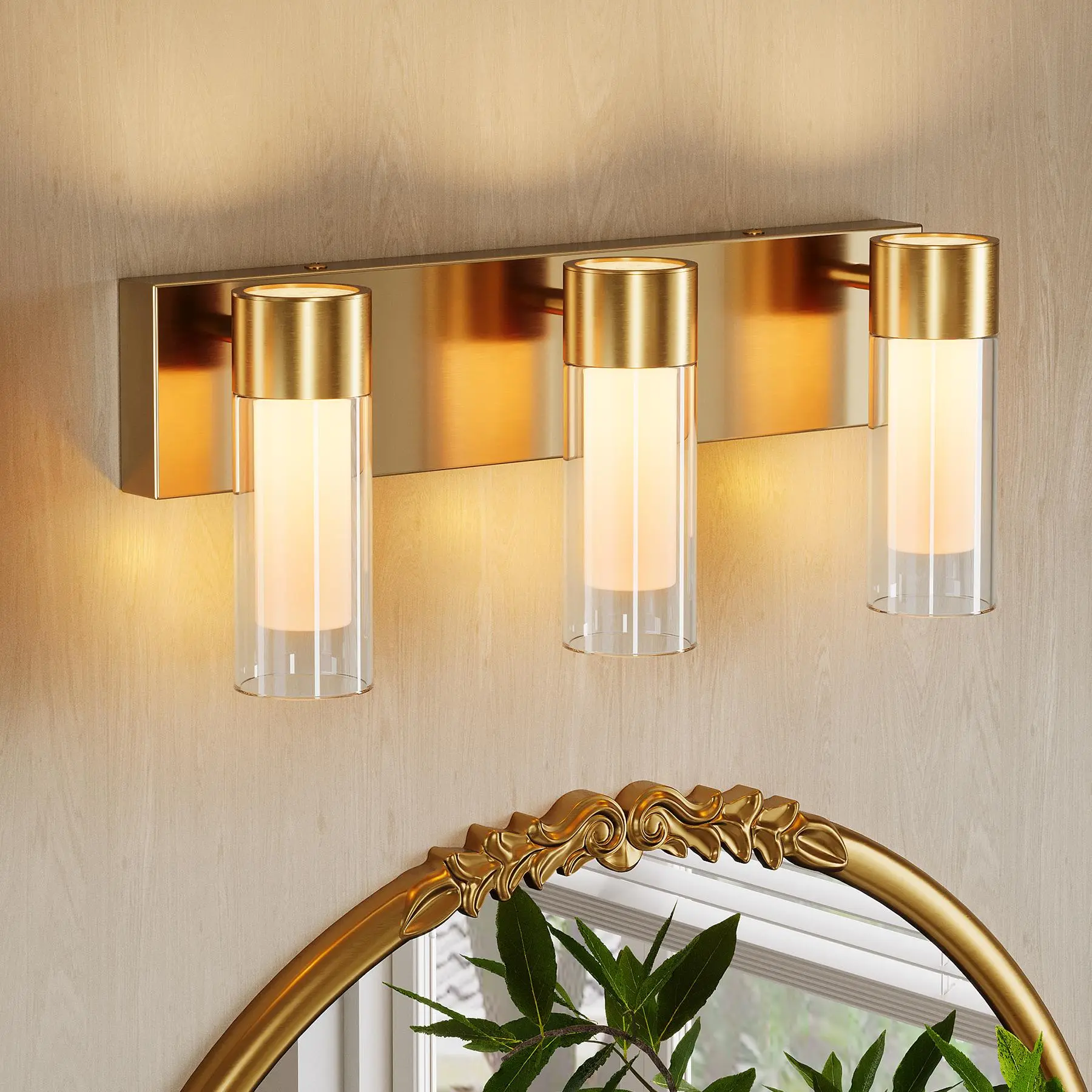 【Lighting Series】Tribesigns LED Bathroom Light Fixtures 3-Light Vanity Lights Over Mirror Wall Lights with 3 Color Modes & Gold Finish Wall Sconces with Clear Glass Shades for Bathroom Hallway Bedroom Energy Saving Unique Design Easy Install