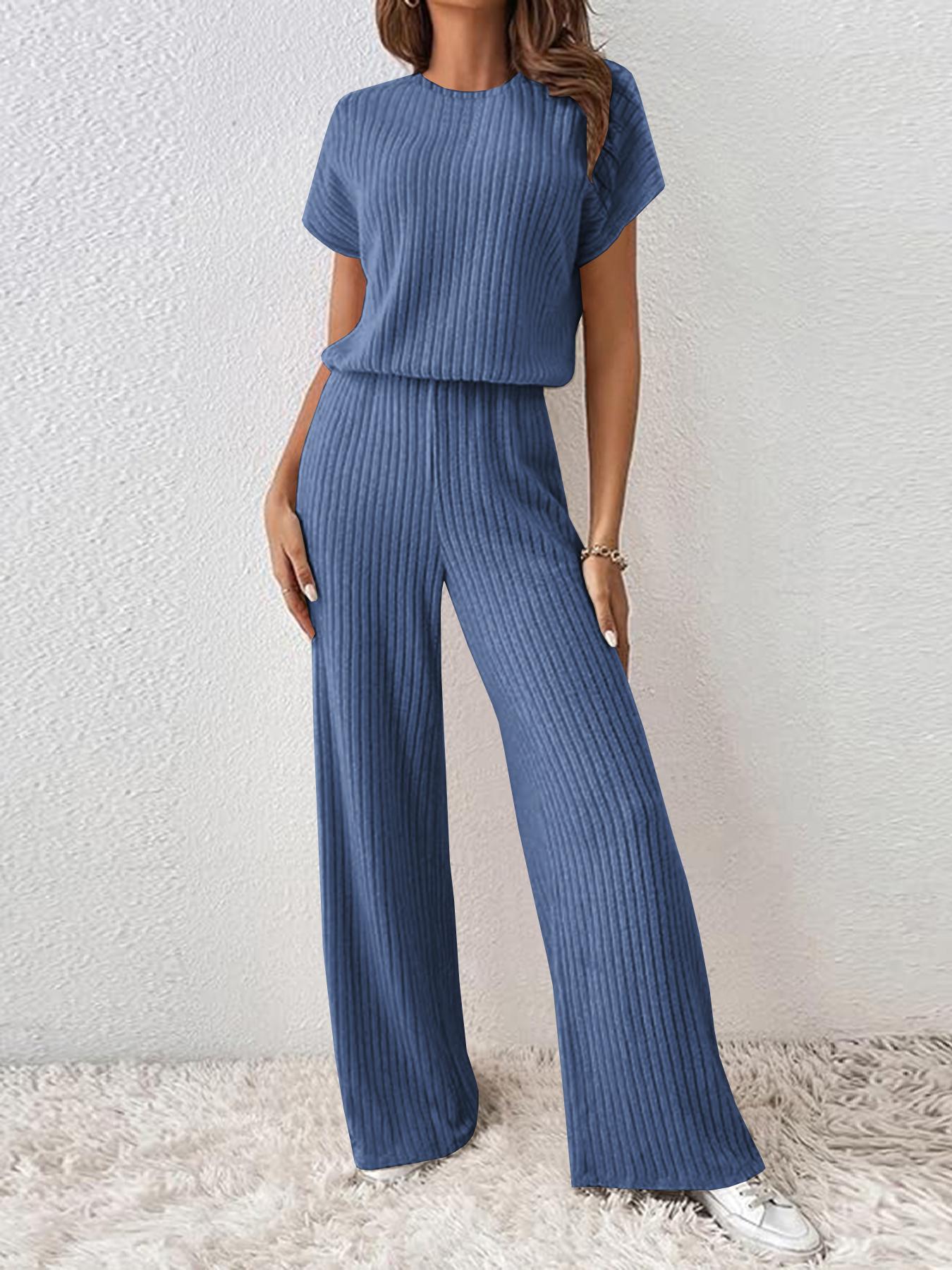 Women's Solid Shortsleeve Crewneck Ribbed Top & Wide Leg Pants Minimalist Casual Fitted Fashion Cozy Top & Trousers for Daily Outdoor Wear Ladies Clothes for Summer Womenswear Yoga Clothes Set Black Batwing Suits Suits