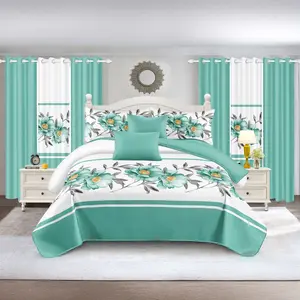 Quilted Bedspread & Curtain Set 9 Piece, Queen Size - Bedding Ensemble with Sheer Filtering Drapes, 1.6" Grommet Top, Machine Washable