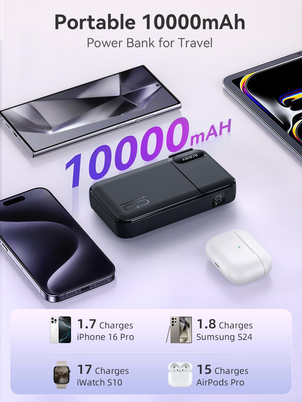 RORRY 10000mAh Portable Charger with Built-in Cables & AC Wall Plug 22.5W Fast Charging for iPhone Samsung Galaxy LG iPad Lightweight Power Bank Smartphone Compact Battery Packs Foldable