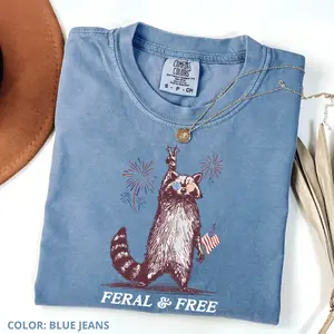 Comfort Colors Vintage Feral and Free T-shirt, Funny USA Raccoon Shirt, 4th Of July Womenswear