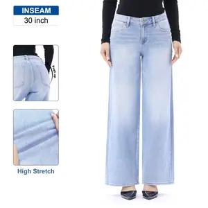 DossEvisu Low Rise Wide Leg Jeans with High Stretch Denim  Zipper Pockets Baggy Washed Casual Jeans BBL