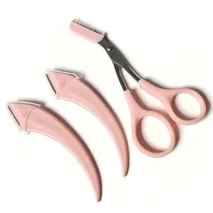 Pink Curved Eyebrow Razor & Trimmer Set 2 Pack with Eyebrow Scissors, Bathroom Grooming Kit, Imported Stainless Steel Blades, Safe for Shaving & Trimming, Precise Shaping, Flawless Brows, Beginner Friendly, Salon Approved