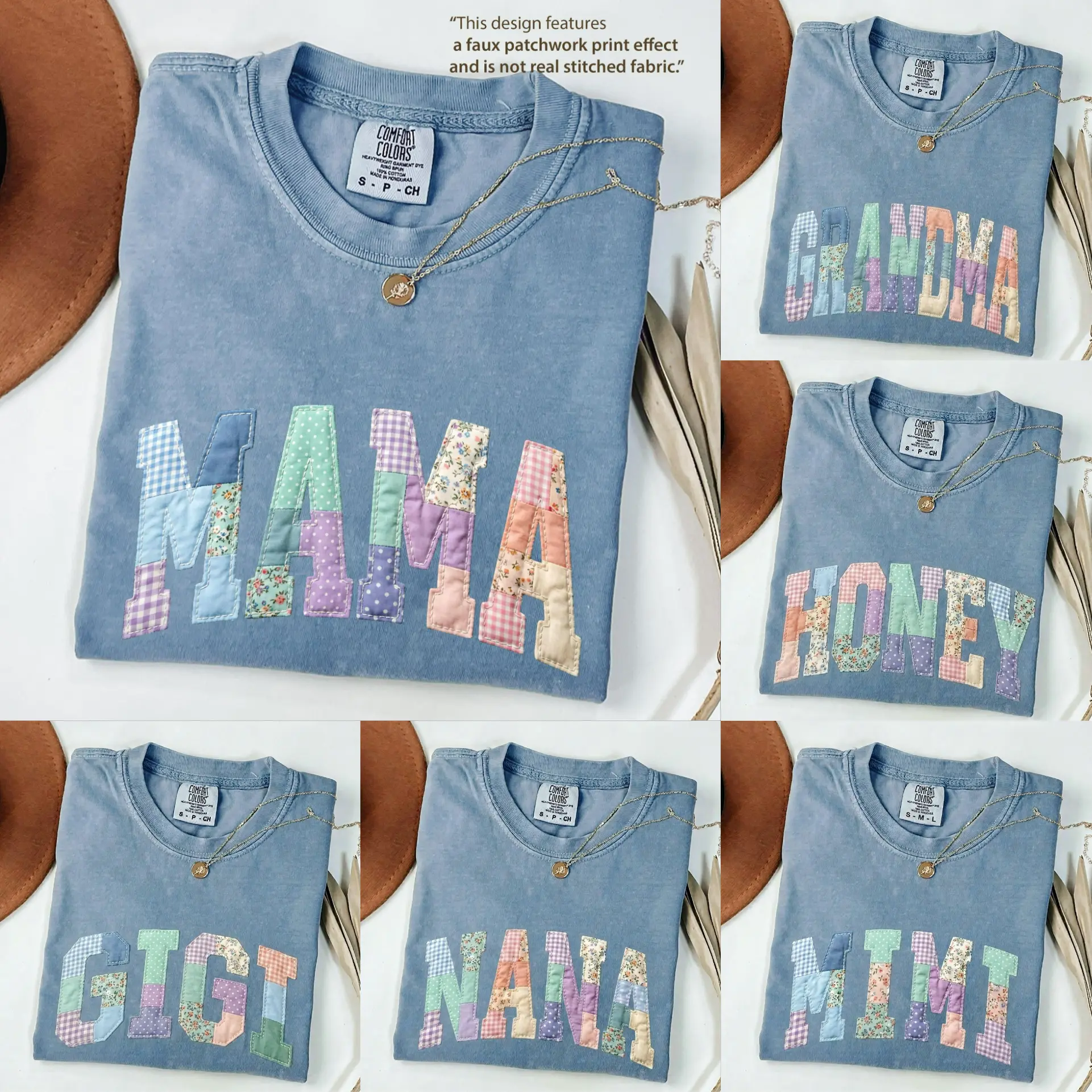 Comfort Colors Custom Faux Patchwork Mama T-Shirt, Personalized Grandma Nana Mimi Gigi Shirt, Cottagecore Aesthetic Gift for Women, Mothers Day Gift for Women, Family Name Shirt, Casual Everyday Wear - AL