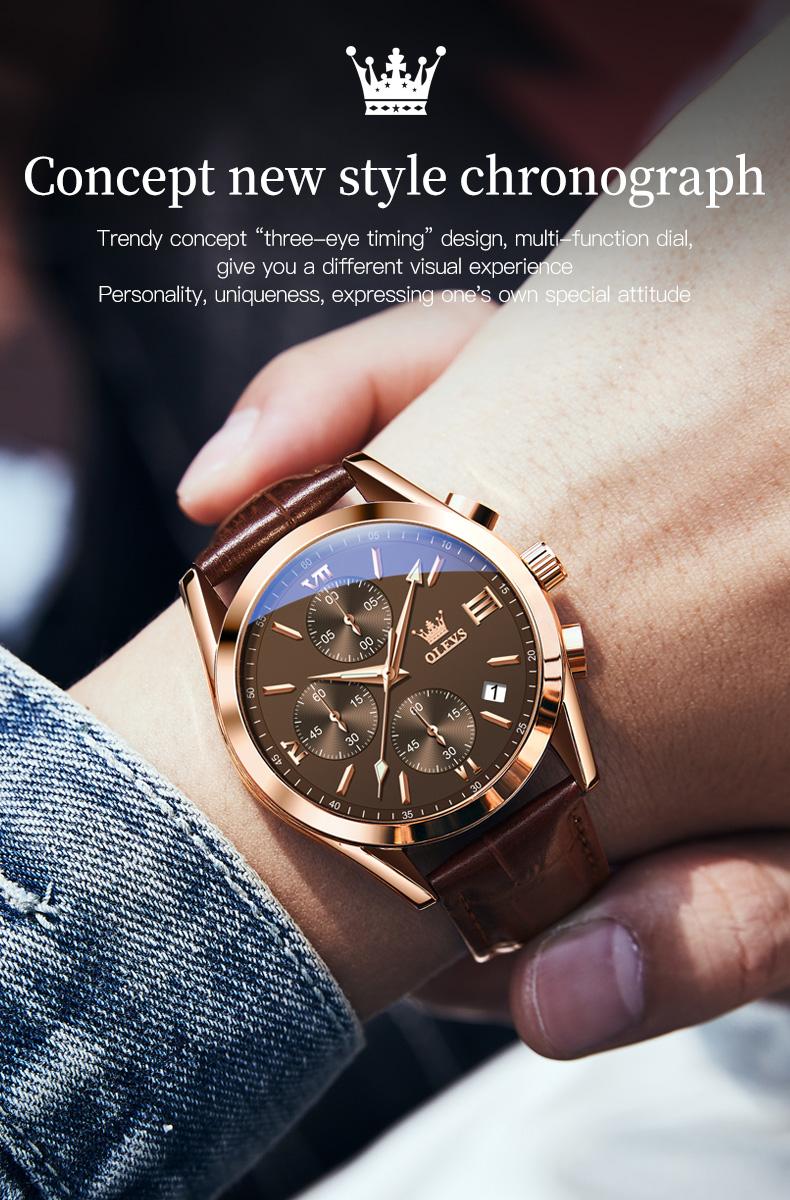 【Valentines Gift Ideas For Boys】OLEVS Watch for Men Leather Casual Chronograph Analog Dress Strap Waterproof Luminous Fashion Easy to Read Gold Case Mans Watches