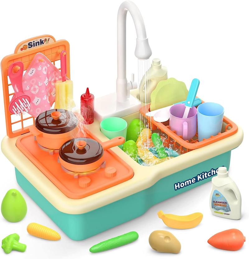 CUTE STONE Play Sink with Running Water, Kitchen Sink with Upgraded Electric Faucet, Play Kitchen , Realistic play set learning cookingset Plastic Toy