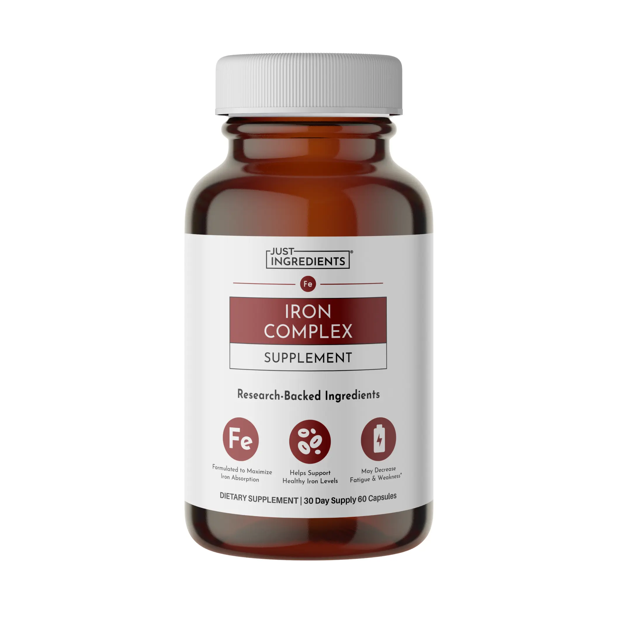 Just Ingredients Iron Complex Supplement with Ferrochel Vitamin C & Probiotics for Optimal Iron Absorption and Gut Health