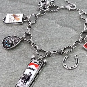 Western Cowboy Theme Charm Bracelet with Horse Shoe and Cowboy Charms for Women