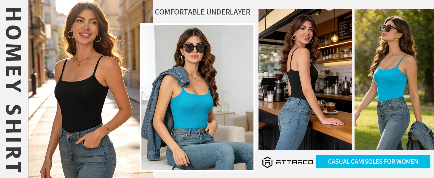 ATTRACO Women's Square Neck Tank Top Built-in bra Basic Tops Sharp Collection Adjustable Spaghetti Straps Sleeveless ATTRACO Women's Square Neck Tank Top Built-in bra Basic Tops Sharp Collection Adjustable Spaghetti Straps Sleeveless